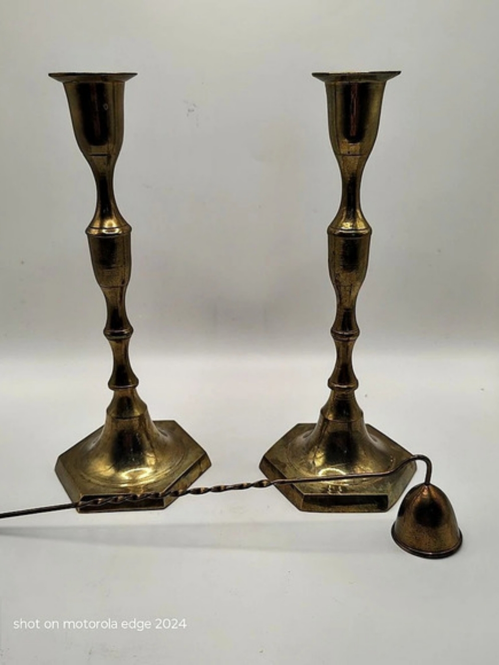 Vintage Solid Brass Candlestick Pair & Curated Candle Snuffer Three-Piece Set